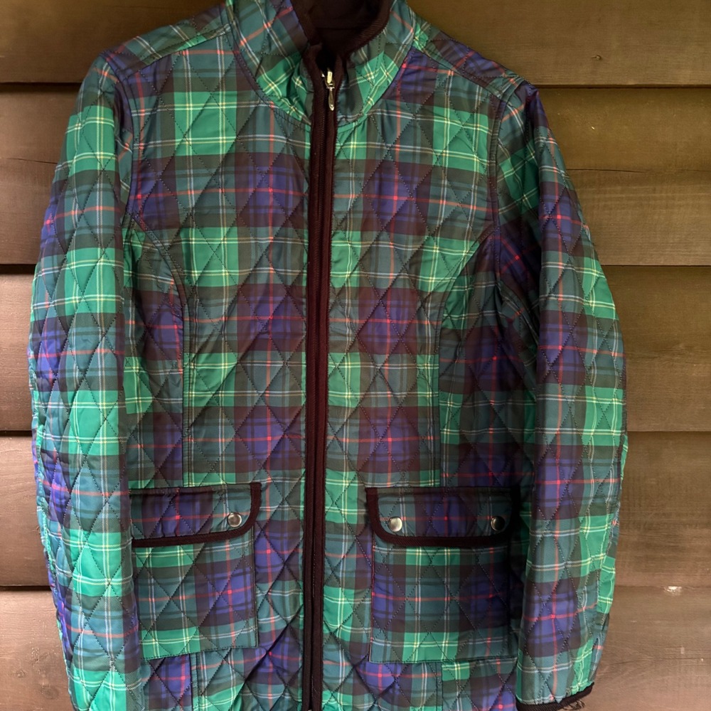 Green Blue Plaid Quilted Zip Front Barn Jacket Tartan Print Mock Neck Coat